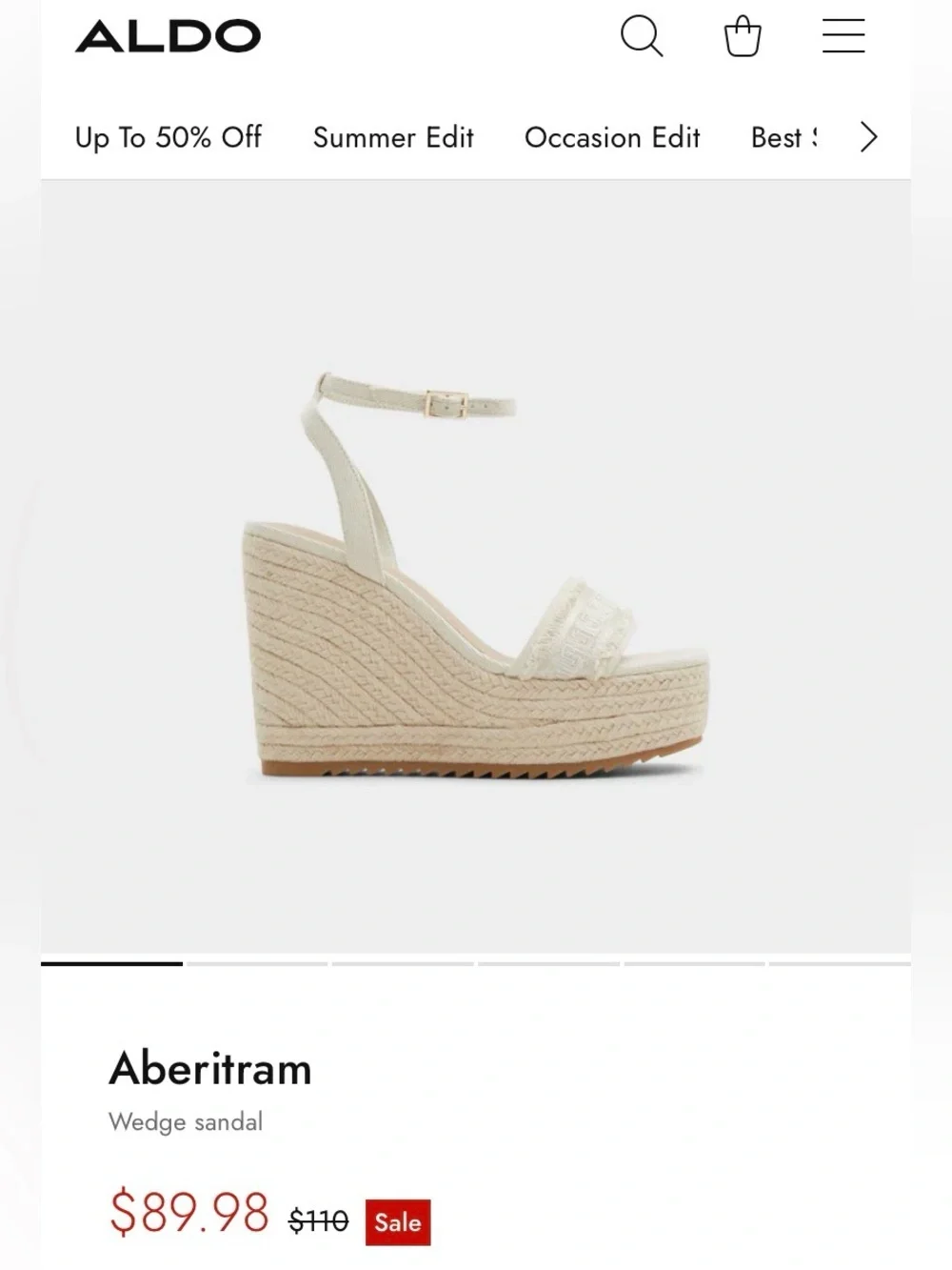 ALDO Aberitram Cream/Tan Frayed-Trim Wedge Sandals with Ankle Strap